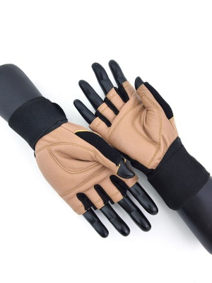 Перчатки для фитнеса с фиксатором мужские кожа коричневые Q11, L